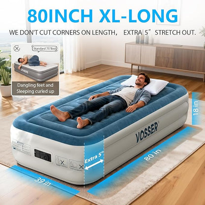 VOSSER Twin Air Mattress with Built-in Pump,Fast & Easy Inflation/Deflation Inflatable Mattress, Foldable Blow Up Mattress with Storage Bag, Inflatable Bed for Home, Camping & Guests