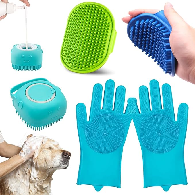 Enmaipet 4-in-1 Dog Grooming Brush,Dog Bath Brush Set,Adjustable Handle Shampoo Brush & Scrubber, Dog Grooming Gloves for Short & Long Haired Dogs & Cats