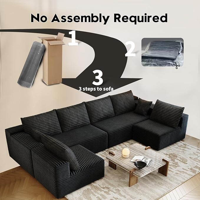 139.4" Modular Sectional Sofa, U-Shaped Minimalist Couches with 2 Middle Seats, Modern Deep Seat Convertible Sleeper Sofa Bed,Cloud Plush Corduroy Fabric, No Assembly Required, 6 Seater, Black