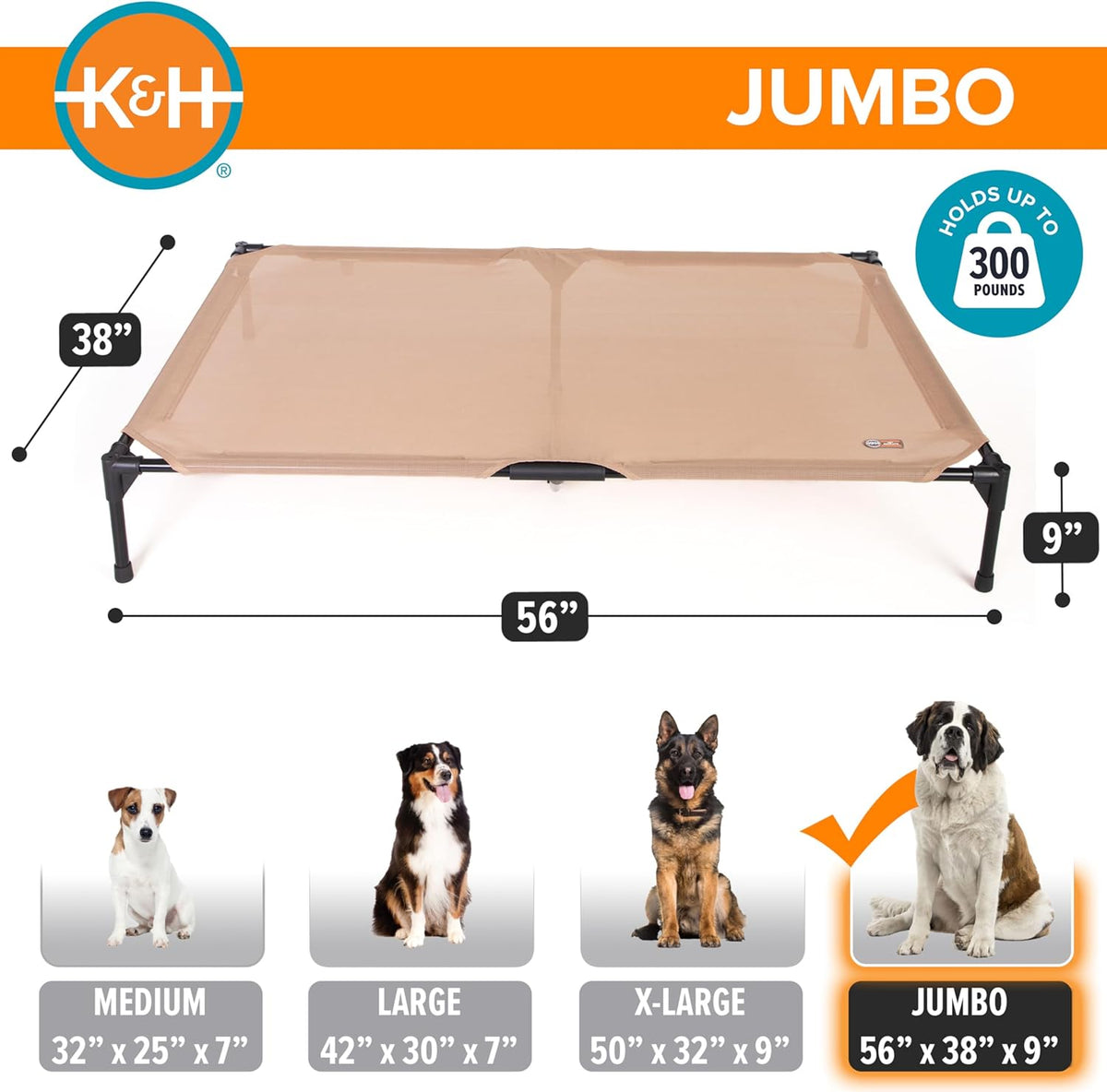 K&H Pet Products Outdoor Elevated Dog Cot, Cooling Raised Bed with Waterproof Breathable Mesh for Large Dogs, Portable Place Bed with Heavy-Duty Metal Frame, Oversized Hammock Style - Jumbo Tan