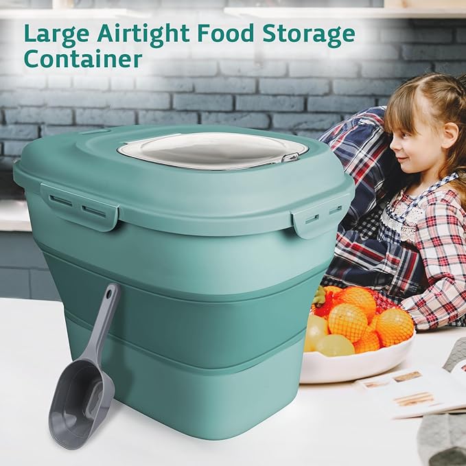 Rice Storage Bin Cereal Containers, 13-50lb Collapsible Rice Container Dispenser with Transparent Lid, Rolling Wheels, Measuring Cup and Scoop, Airtight Dog Cat Pet Food Storage Container Green