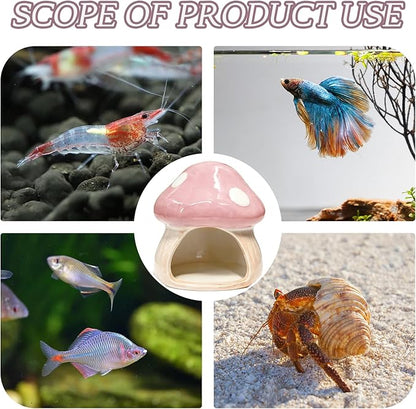 Betta Fish Tank Accessories, Ceramic Mushroom House Aquarium Decor - Cute Pink Hideout Cave Ornament for Small Fish, Shrimp, Goldfish, Hamsters & Reptiles (Pink)