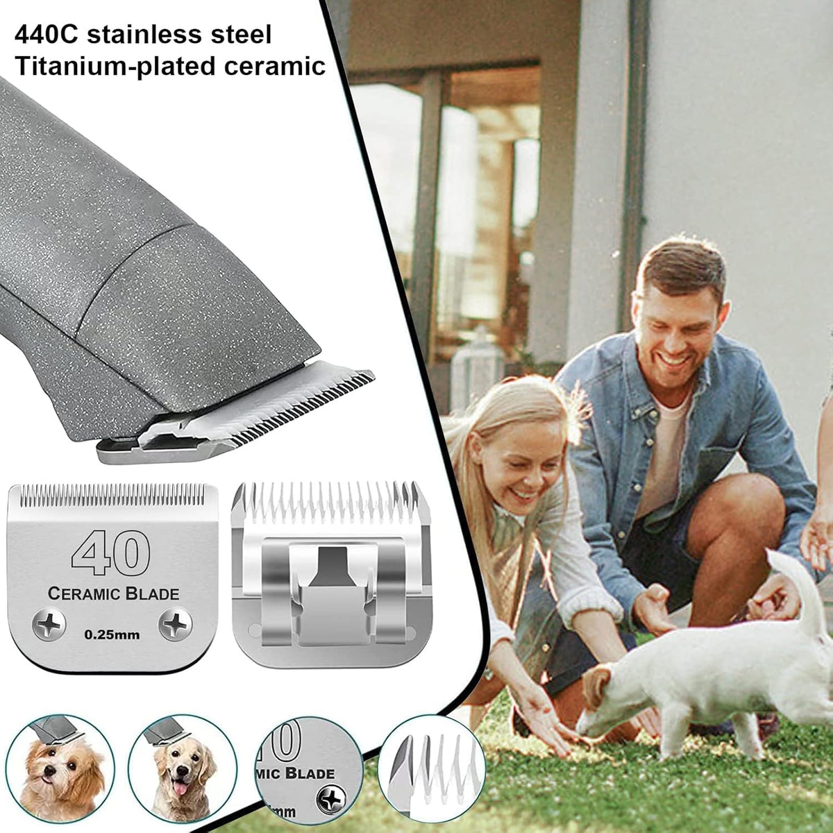 2Pack #40 Dog Grooming Clipper Replacement Blades - Compatible with Andis/Wahl/Oster, Detachable Ceramic & Stainless Steel Blade, Size 40, Cut Length 1/100" (0.25mm)