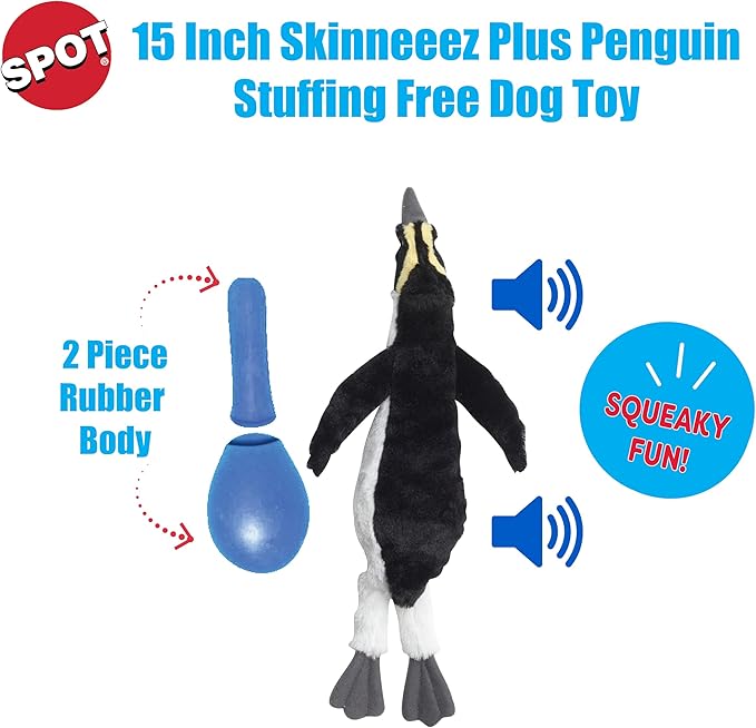 SPOT Skinneeez Plus Penguin - Stuffing Free Dog Toy with Two Piece Rubber Body and Two Squeakers, Fun to Bite, Stuffingless Design is Great for Moderate Chewers, Tug Toy for Puppies & Dogs - 15in