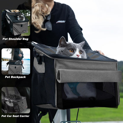 Pet Carrier Bicycle Basket Bag Pet Carrier/Booster Backpack for Dogs and Cats with Big Side Pockets,Comfy & Padded Shoulder Strap,Travel with Your Pet Safety（Titanium）