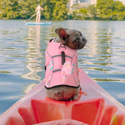 Dog Life Jacket High Flotation, Reflective Dog Life Vests for Swimming, Adjustable Dog Life Preserver Rescue Handle Spring Summer Pool for Small, Medium, Large Dogs (Pink Ice Cream,S)