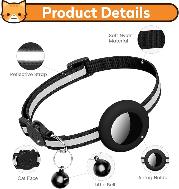Airtag Cat Collar with Bell, Reflective Nylon Kitten Collar with Apple Air Tag Holder and Breakaway Safety Buckle for Puppy Girl Boy Cats, 3/8" in Width and Lightweight, Purple