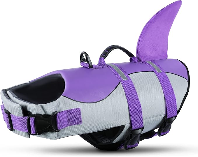 Dog Shark Life Jacket with Rescue Handle - Adjustable Reflective Dog Life Preserver for Large Dogs, Purple XL