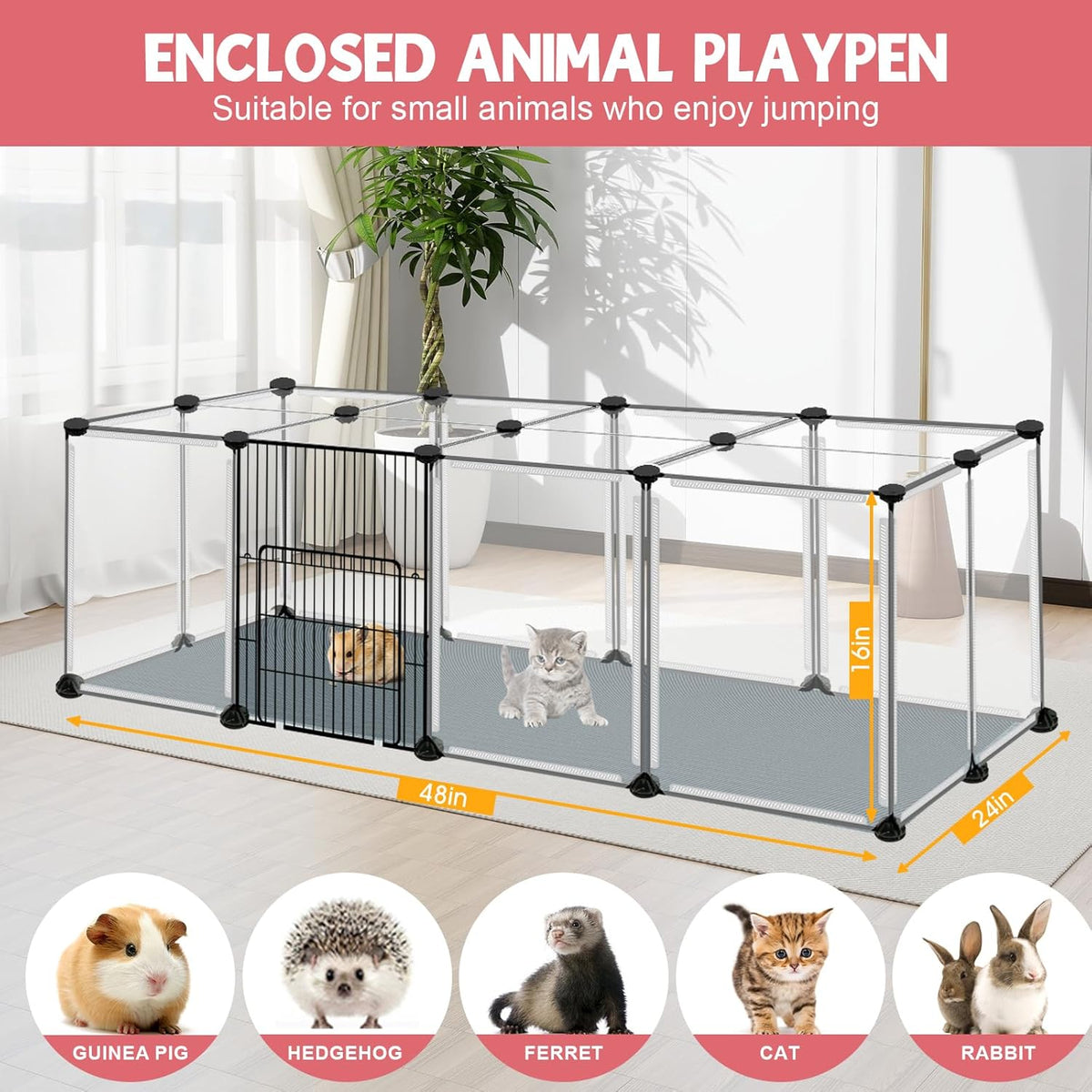 20 Panels Small Animals Playpen, 48" x 24" x 16" Transparent Pet Playpen with Waterproof Mat,Portable Plastic Enclosure Cage for Chicken/Guinea Pigs/Bunny/Ferrets/Hamsters/Hedgehogs Indoors Outdoor