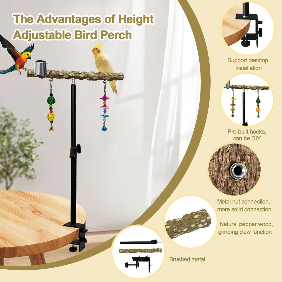 18-27 Inch Height Adjustable Bird Perch Pepper Wood Desktop Bird Training Perch Stand with Feeding Cups and Swing Toy Parakeet Perches Indoor and Outdoor Parrot Stand for Small to Medium Birds