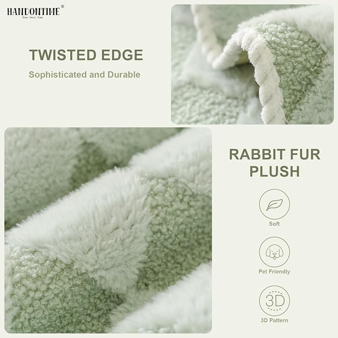 HANDONTIME Non-Slip Pet Couch Cover Washable, Plush Faux Fur Couch Protector for Cushion Pet-Friendly Sofa Covers for Dogs, Checkered Diamond Sectional Covers Dog Mat for Sofa (Green, 35.6" x 63")