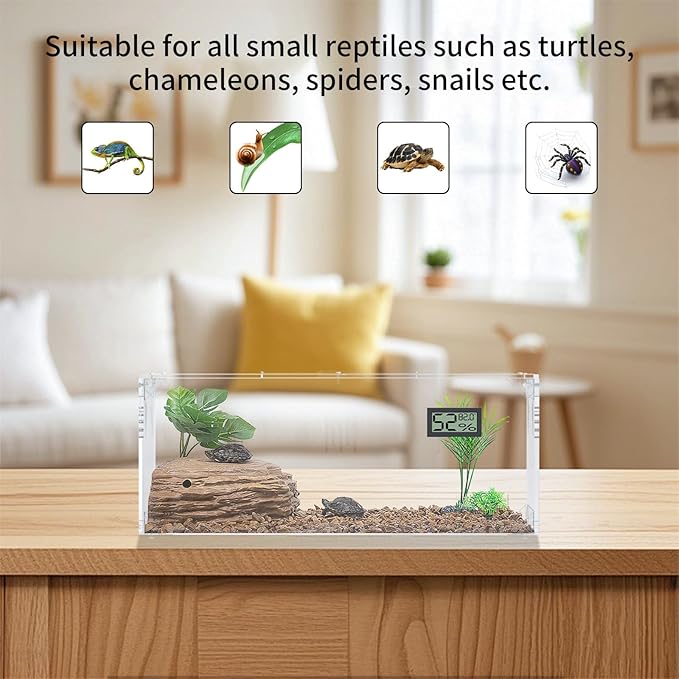 Acrylic Tarantula Enclosure, Reptile Terrarium Breeding Tank w/Temperature Hygrometer,Habitat Reptiles Feeding Box Isopod Terrarium Cage for Insect Lizard Home Office (Reptile-Tank-S(No Tray))