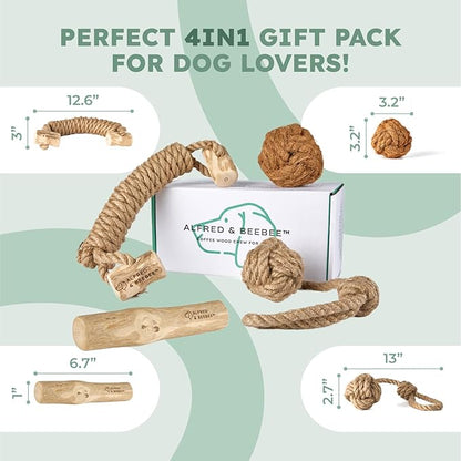 Alfred & Beebee Eco-Friendly Natural Coffee Wood Dog Chew Toy 4 Pack - for Regular Chewers - Dog Dental Chew - Small Medium - Coconut Ball, Rope Stick S - M