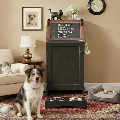 Black 38.4" H Dog Feeding Station with Storage | Pet Food Storage Cabinet with 2 Elevated Bowls,Hooks,Hidden Dog Feeding Organizer for Cats and Dogs