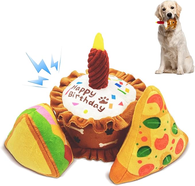 Birthday Squeaky crinkly Cake Aggressive chew for pups Sandwiches Pizza Party Dog Toy Colorful Playset to Keep Your Furry Friend Busy with 3 Pack Gift Toys
