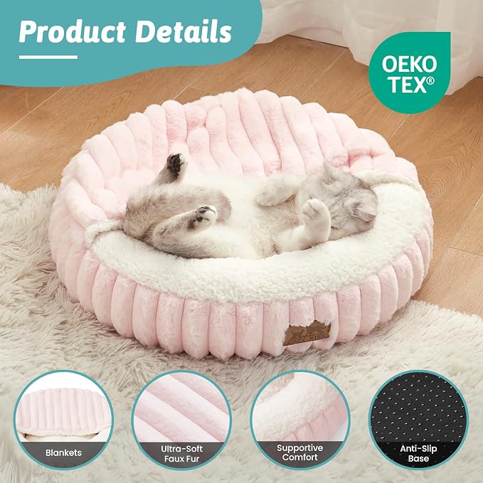 Cat Bed with Hooded Blanket, Round Fluffy Anti-Anxiety Pet Bed for Cats/Small Dogs, Cozy Donut Cuddler with Machine Washable Faux Fur & Anti-Slip Bottom(23"×23"×6",Pink)