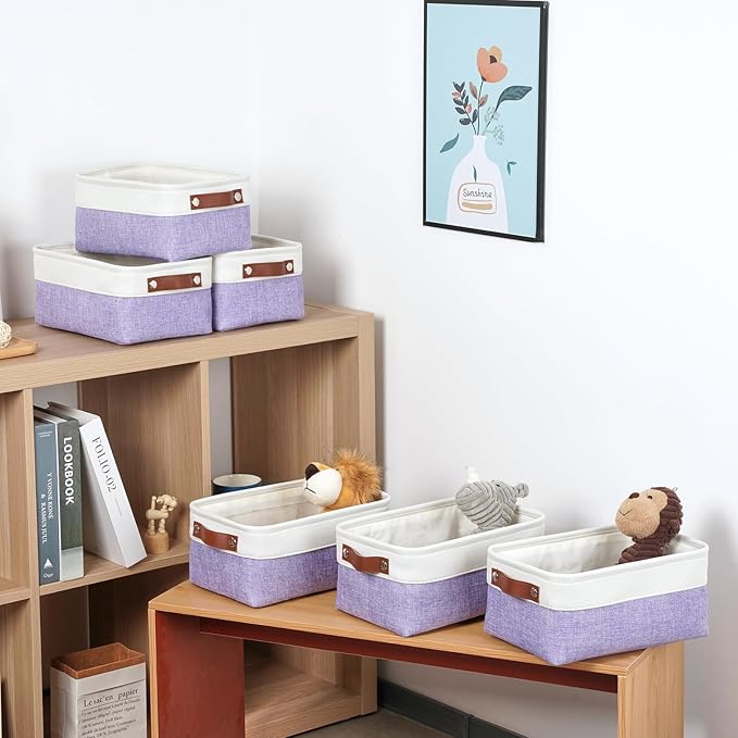DULLEMELO Small Storage Baskets 6 Pack, Fabric Collapsible Gift Storage Baskets for Shelves, Closets, Nursery, Home, Office Organizing,Small Canvas Linen Rectangular Storage Bins (White&Purple)