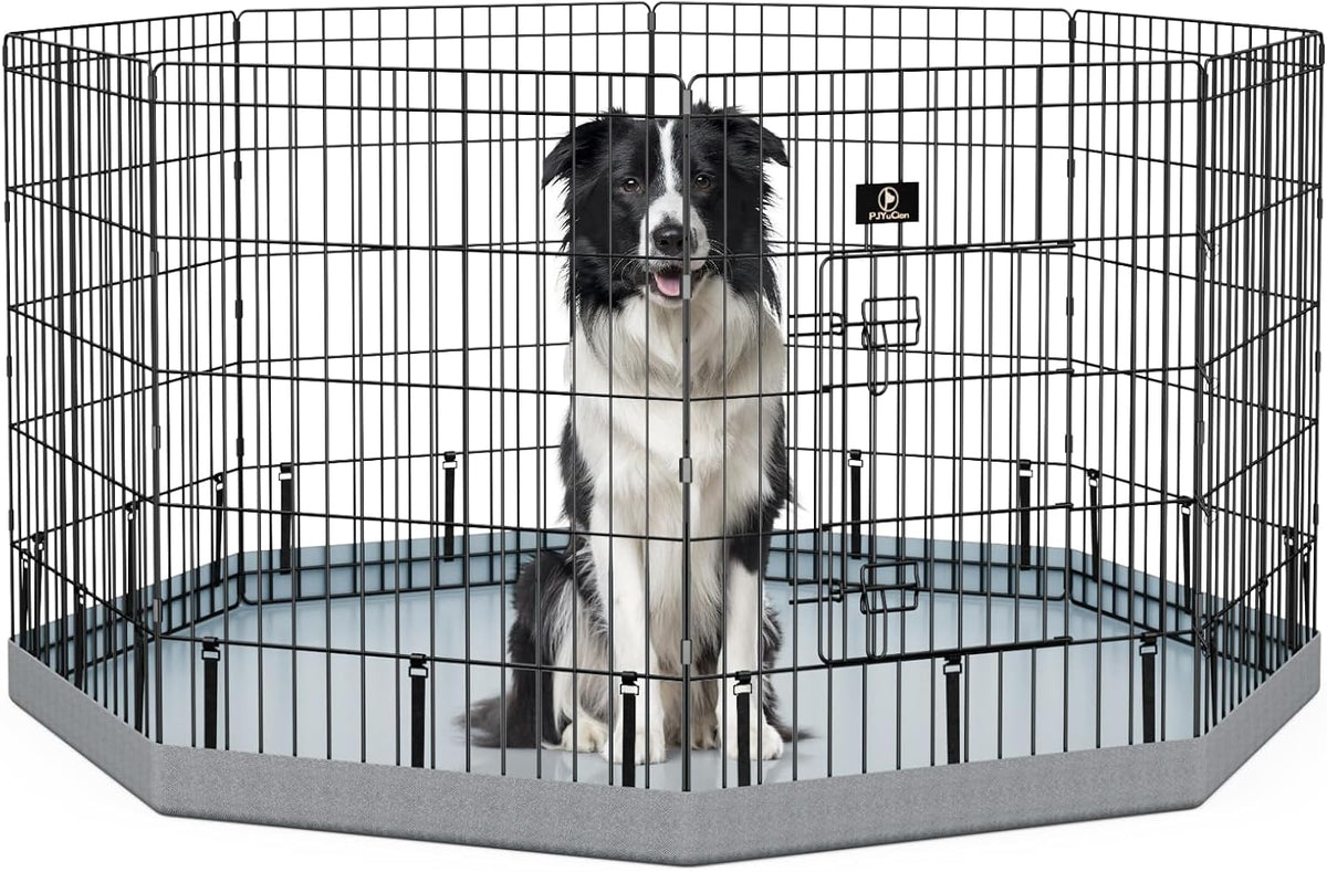 PJYuCien Dog Playpen, 8 Panels 30’’H Dog Pens Indoor with Bottom Pad, Metal Foldable Pet Puppy Exercise Fence Crate Kennel, Better for Small Animals,Grey