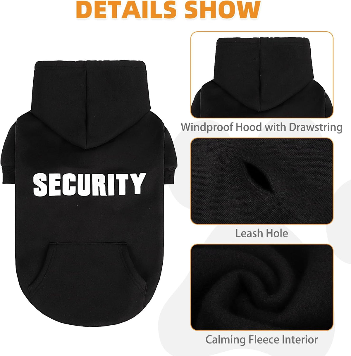 KOOLTAIL Security Dog Hoodie, Fall Puppy Sweater Clothes for Small Medium Large Dogs, Soft Warm Winter Pet Cold Weater Coats Hooded Sweatshirt with Pocket, Dog Halloween Costume for Girl Boy, Black SM