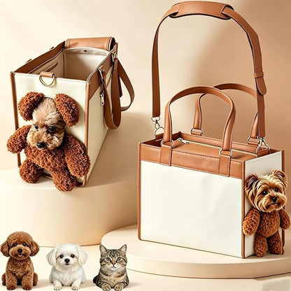 Teddy Bear Dog Carrier Bag, Teddy Carrier Bag for Dogs and Cats, Portable PU Leather Shoulder Tote with Plush Ears, Portable Convenient，White Brown Color Scheme