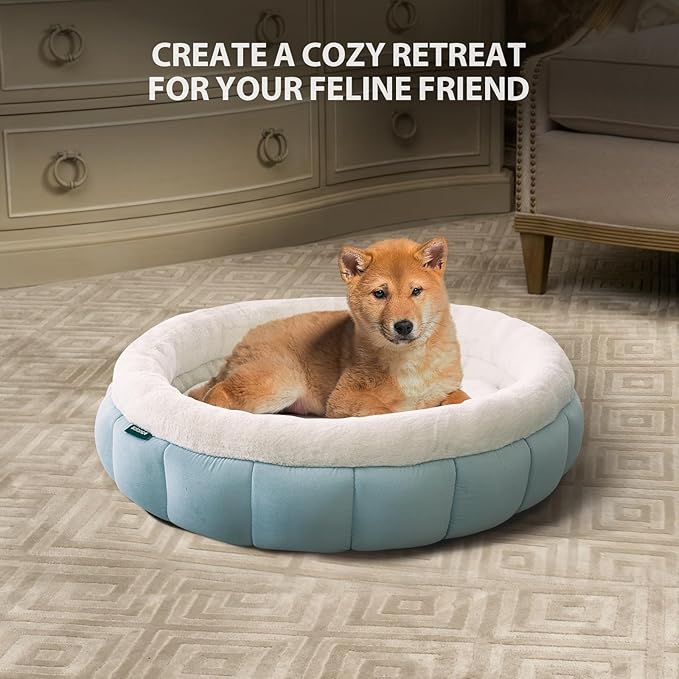 BALANCE Cat Beds for Indoor Cats, Washable Round Dog Bed, Donut Dog Bed with Anti-Slip Bottom for Small Dogs, 28 Inches, Dream Blue