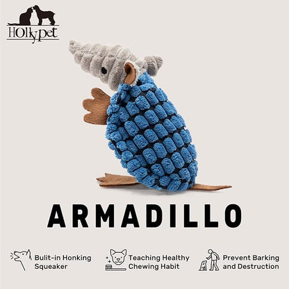 Hollypet Plush Dog Squeaky Toy Stuffed Armadillo Animal Pet Puppy Chew Toys with Clean Teeth for Small Medium Large All Breed Sizes Dogs, Blue, 6 in