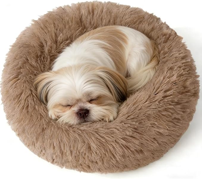 Calming Donut Dog Beds for Small Dogs Cats - Washable Removable Cover Non-Slip Bottom, Round Pet Bed Puppy Bed Warming Fluffy Faux Fur Anti-Anxiety, Fits up to 25 lbs (Camel, 23")