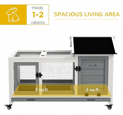 PawHut Wooden Rabbit Hutch with Wheels, Indoor Outdoor Large Bunny Hutch with Run & Slide-Out Tray for Small Animals, Rabbits, Chickens, Ducks, Guinea Pig, Gray