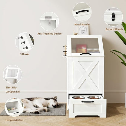 Dog Feeding Station with Storage Cabinet and 2 Elevated Dog Bowls, Hidden Pet Food Storage Organizer for Dog &Cat, Modern Dogs Furniture, White