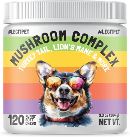 Mushroom Complex Treats for Dogs with Reishi, Shiitake, and Turkey Tail Mushrooms for Cognition and Immune Boosting Supports Digestive Health and Reduces Inflammation DHA EPA Turmeric Kelp (120pcs)