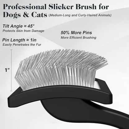 2PCS Slicker Brush for Dogs & Pet Comb,Professional Dog Grooming Brush (Goldendoodles,Poodles,Labradoodles) with Extra Long Pins to Effectively Remove Tangles, Knots and Mats (Black, Large)