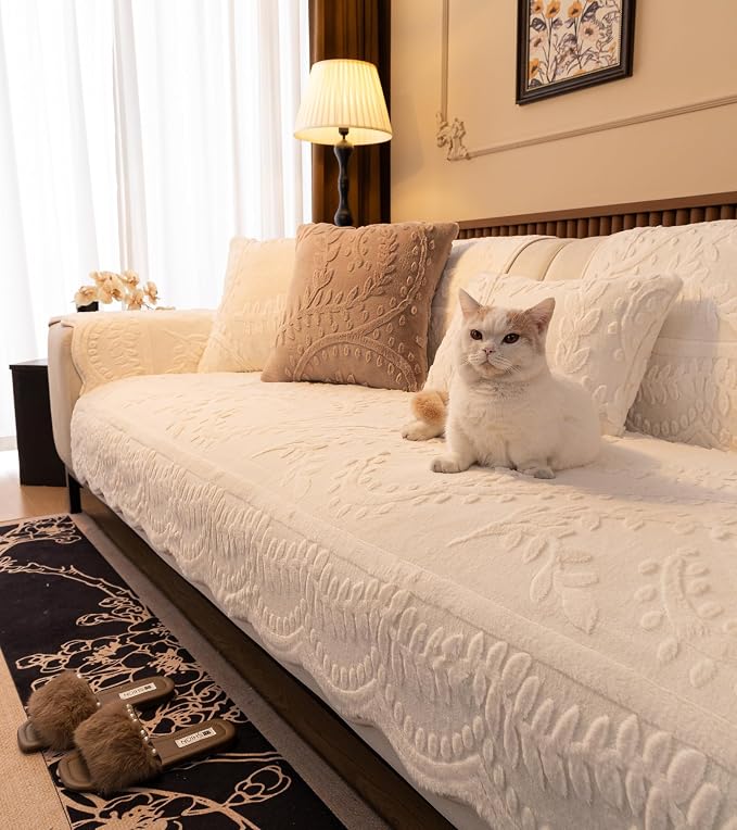 White Fuzzy Rabbit Plush Sofa Cover Cozy Warm Sofa Couch Covers with 3D Jacquard Leaf Pattern Non-Slip Easy-to-Install Shaggy Sofa Slipcover Prefect for Kids Dogs Cats Cats(White,36"x82")