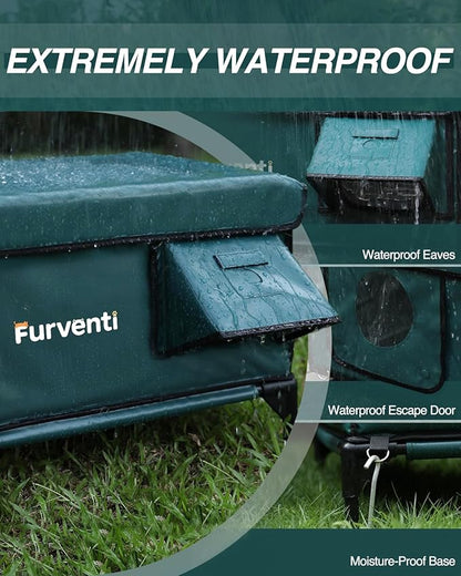 Outdoor Heated Cat House in Winter,Extremely Insulated & Weatherproof,Elevated Feral Cat Shelter with Waterproof Eaves & Escape Door for Outside Stray Barn Cat (Dark Green,S)