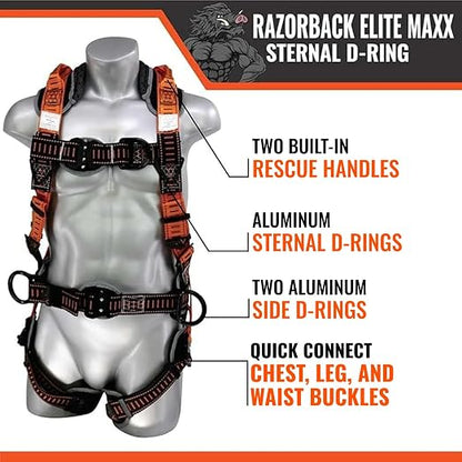 Razorback Elite MAXX - Safety Harness and Fall Protection Kit with Sewn in Lumbar Support Belt and Built-in Rescue Handles for Fall Arrest, OSHA & ANSI Compliant (3XLarge)