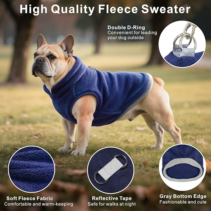 Idepet 2 Pack Dog Fleece Vest Sweater Warm Pullover Jacket with D-Ring Leash Reflective Winter Coat Hoodie for French Bulldog Pug Chihuahuas Yorkies Dachshunds(Black&Blue,X-Large-French Bulldog)