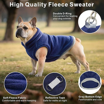 Idepet 2 Pack Dog Fleece Vest Sweater Warm Pullover Jacket with D-Ring Leash Reflective Winter Coat Hoodie for French Bulldog Pug Chihuahuas Yorkies Dachshunds(Black&Blue,X-Large-French Bulldog)