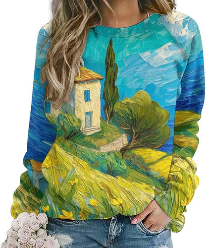 Long Sleeve Shirts for Women Cat Oil Painting Shirt 3D Graphic Sweatshirts Fall Pullover Crewneck Vintage Boho Tops
