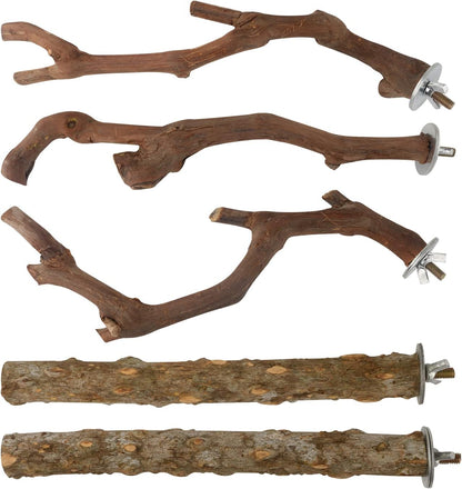 5PCS Bird Perch Stand Natural Wooden Parrot Stand Branch,3 Grape Wood Perch,2 Stand,Paw Grinding Fork Parakeet Chewing Stick Exercise Training Branches for Cockatiels,Small Medium Birds