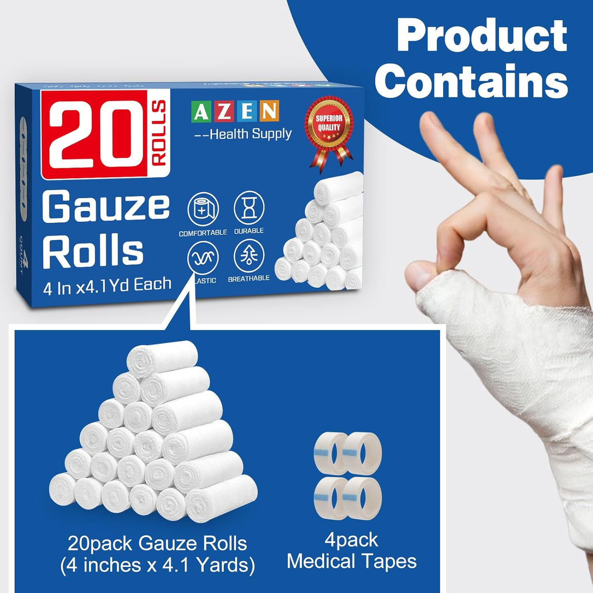 AZEN 20 Pack Gauze Rolls Bandages, 4 in x 4.1 Yards, Premium Medical Supplies & First Aid Supplies, Bandage Wrap Vet Wrap, Mummy Wraps