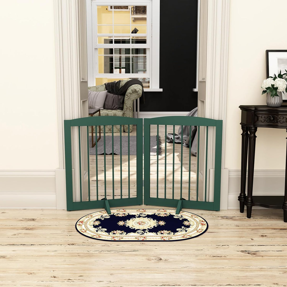 Freestanding Pet Gate for Dogs, Foldable Wooden Dog Gate for House, Stairs, Doorways, Step Over Pet Puppy Safety Fence,Support Feet Included,24" Height 2 Panels, Green