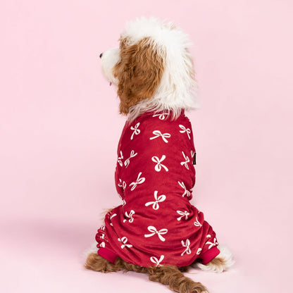 Fitwarm Bowknot Dog Pajamas, Warm Clothes for Small Dogs Girl, Fleece Pet Onesie with Feet, Burgundy Red, White, Small
