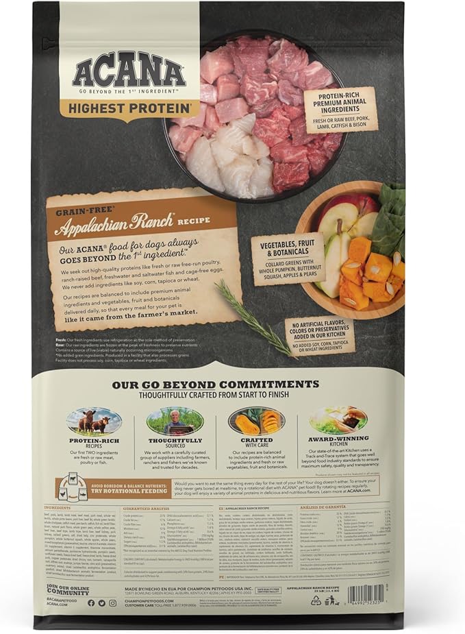 ACANA Highest Protein Grain Free Dry Dog Food Appalachian Ranch Recipe 25lb Bag