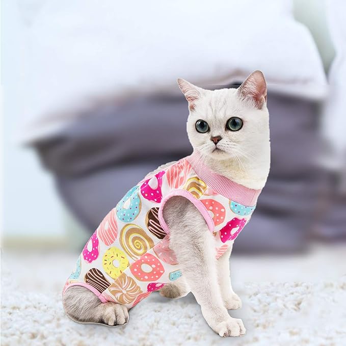 Cat Professional Surgical Recovery Suit,E-Collar Alternative for Cats Dogs,After Surgery Wear, Pajama Suit,Home Indoor Pets Clothing Doughnut S