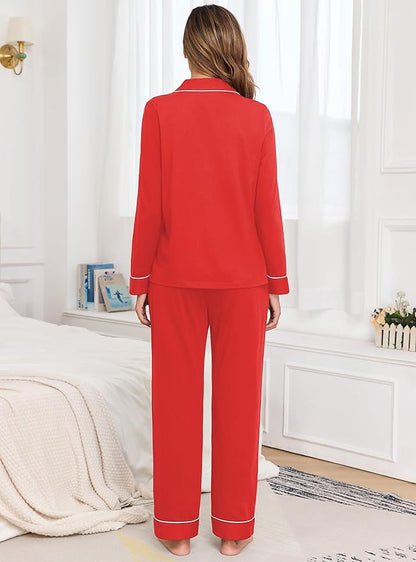 Veseacky 100% Cotton Pajamas for Women Set Long Sleeve Button Down Sleepwear Soft Pjs Lounge Sets with Pockets XS-XXL