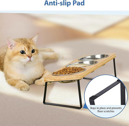 Elevated Cat Bowls, 15° Tilted Raised Cat Food and Water Bowl, Anti-Vomit & Whisker-Friendly Design, 3 Stainless Steel Bowls for Cats and Small Dogs