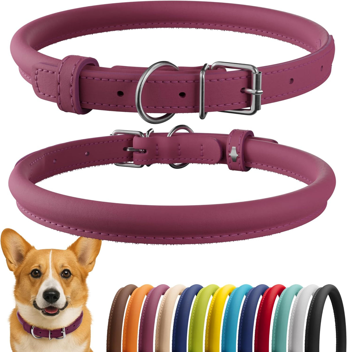 CollarDirect Rolled Leather Dog Collar, Soft Padded Round Puppy Collar, Handmade Genuine Leather Collar Dog Small Large Cat Collars 13 Colors (13-16 Inch, Pink Smooth)