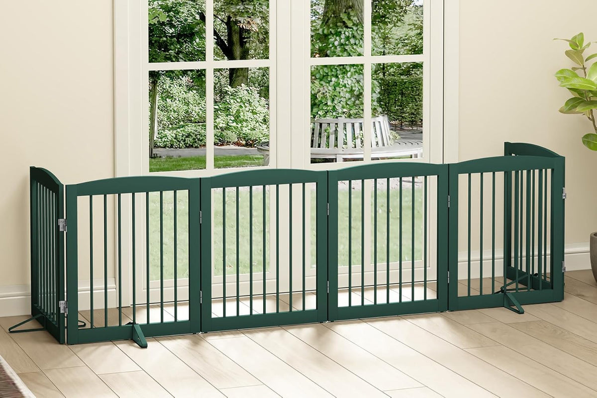 Freestanding Pet Gate for Dogs, Foldable Wooden Dog Gate for House, Extra Wide Indoor Pet Barrier for Stair, Doorway, Hall, Support Feet Included, 120 Inch Wide, 6 Panels 24",Green