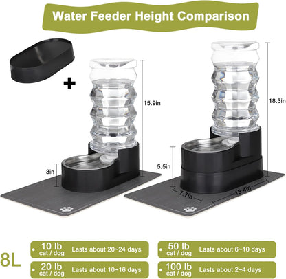 RIZZARI Large Water Dispenser for Dogs: 8L Automatic Stainless Steel Black Gravity Raised Pet Feeder for Pet Dogs Indoor/Outdoor