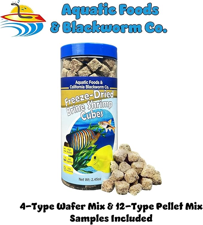 Aquatic Foods Inc. Brine Shrimp, Freeze Dried Floating Brine Cubes for Cichlids, Discus, Tetras, Goldfish, Bettas, Angel Fish, Marines, All Tropicals, Aquatic Turtles 2.45oz Canister
