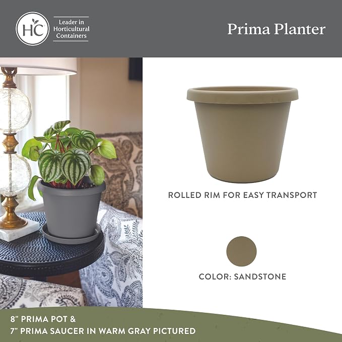 The HC Companies 14 Inch Prima Round Planter Pots with Drainage Holes and Rolled Rim, Lightweight UV-Resistant Plastic Indoor & Outdoor Planters, 2-Pack Flower Pots for Garden & Home Decor, Sandstone